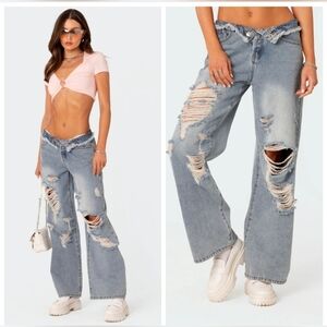 Edikted Light Blue Distressed Flare Jeans